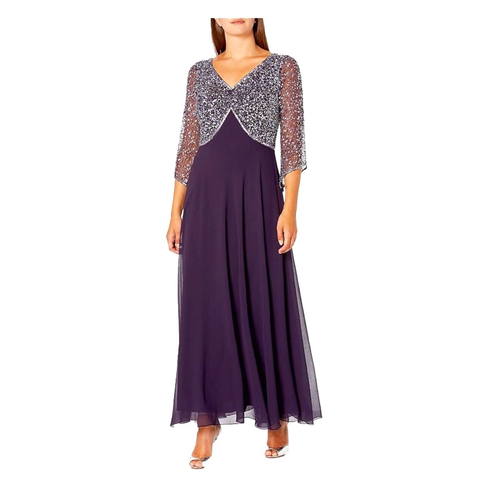 J Kara Women's 3/4 Sleeve V-Neck Beaded Top Long Gown NWT 8P